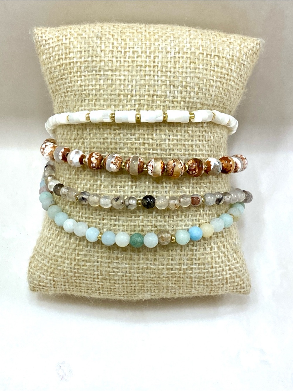 Stacked Beaded Bracelet Set - White, Brown & Pale Blue